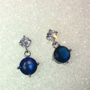 Sterling Silver Blue & White Cz Dangle Stud Earrings Approx .6”
